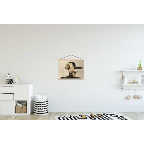 Gezicht - Bloemen - Zwart - Vrouw textielposter latten blank klein -kinderkamer