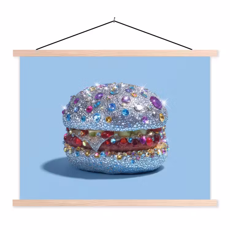 Glitters - Hamburger - Blauw textielposter latten blank klein -3d