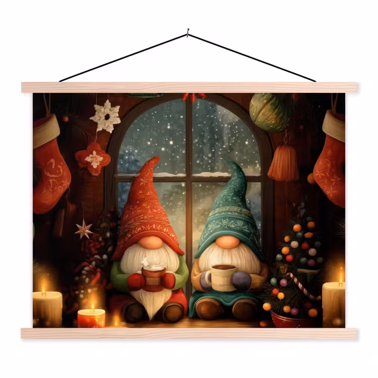 Gnooms - Kerst - Raam - Kleurrijk textielposter latten blank klein -3d