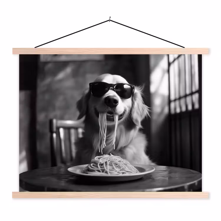 Golden Retriever - Hond - Vrolijk - Bord spaghetti - Zwart - wit textielposter latten blank klein -3d