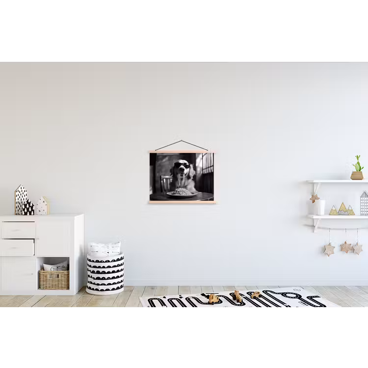 Golden Retriever - Hond - Vrolijk - Bord spaghetti - Zwart - wit textielposter latten blank klein -kinderkamer
