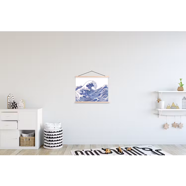 Golf - Japans - Zee - Illustratie - Blauw textielposter latten blank klein -kinderkamer