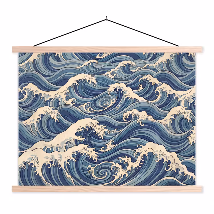 Golven - Zee - Natuur - Abstract - Blauw textielposter latten blank klein -3d