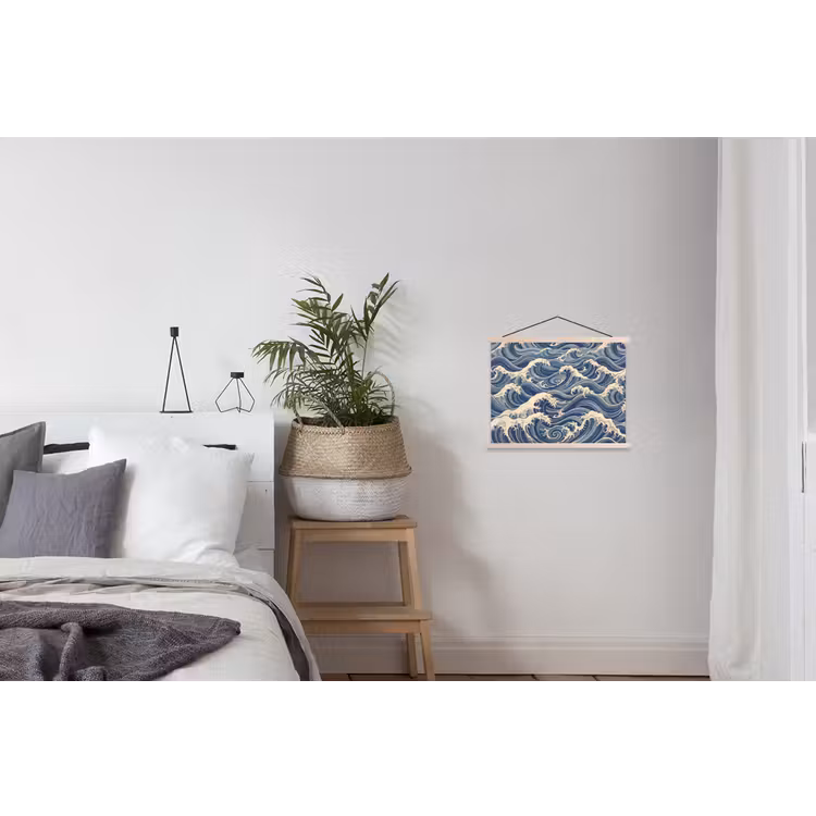 Golven - Zee - Natuur - Abstract - Blauw textielposter latten blank klein -woonkamer