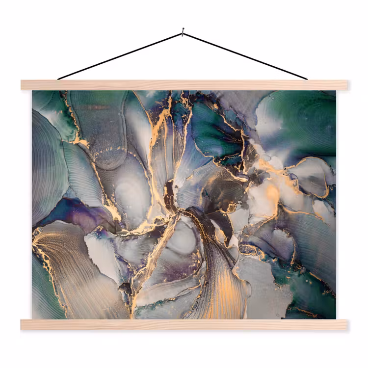 Goud - Blauw - Marmer textielposter latten blank klein -3d