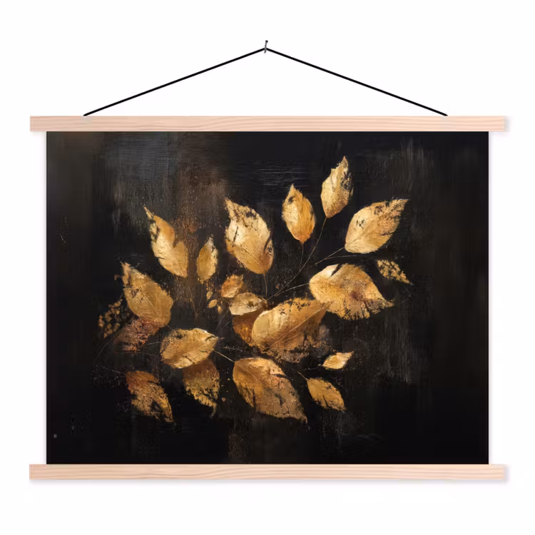 Gouden Bladeren op Donkere Achtergrond textielposter latten blank klein -3d