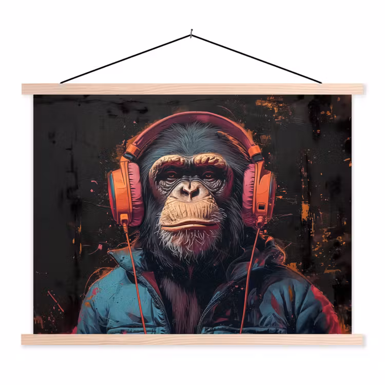 Graffiti - Chimpansee - Koptelefoon - Aap textielposter latten blank klein -3d