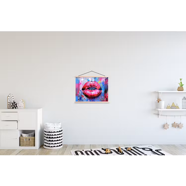 Graffiti - Lippen - Felroze - Geschilderd textielposter latten blank klein -kinderkamer