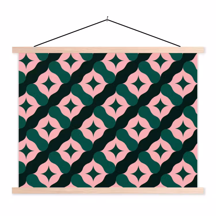 Groen - Roze - Retro - Sterren textielposter latten blank klein 122 -3d