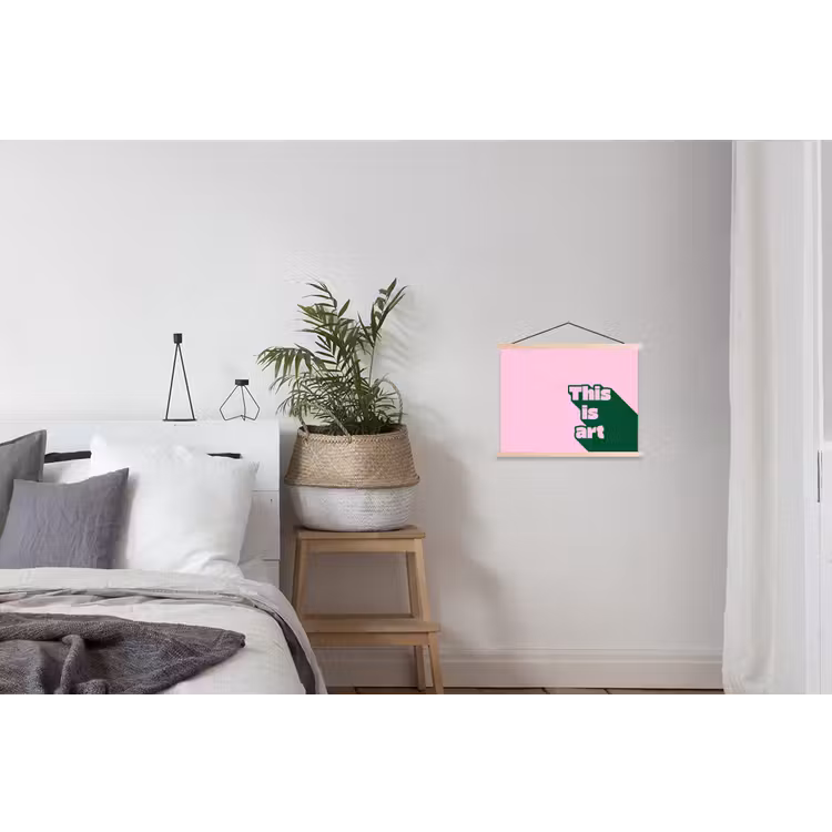 Groen - Teskt - This is art - Roze textielposter latten blank klein -woonkamer