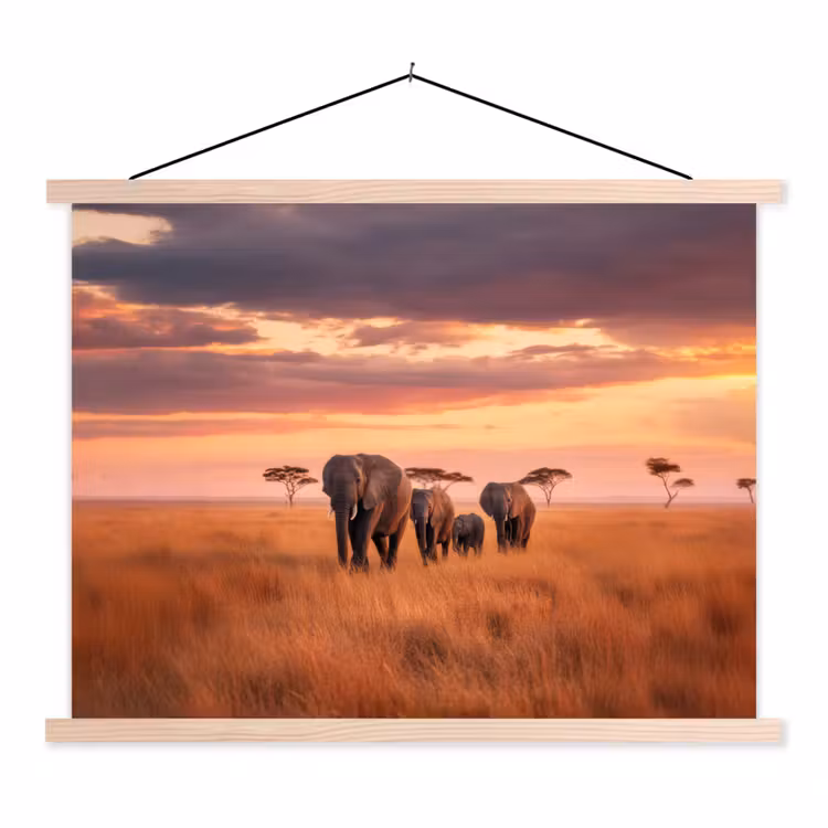 Groep olifanten - Open vlakte - Zon textielposter latten blank klein -3d
