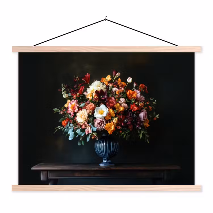Groot - Bloemen - Vaas - Boeket textielposter latten blank klein -3d