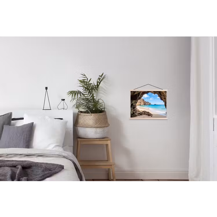 Grot - Strand - Zee - Blauw textielposter latten blank klein -woonkamer