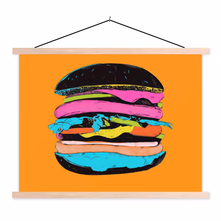 Hamburger - Kleurrijk - Speels textielposter latten blank klein -3d