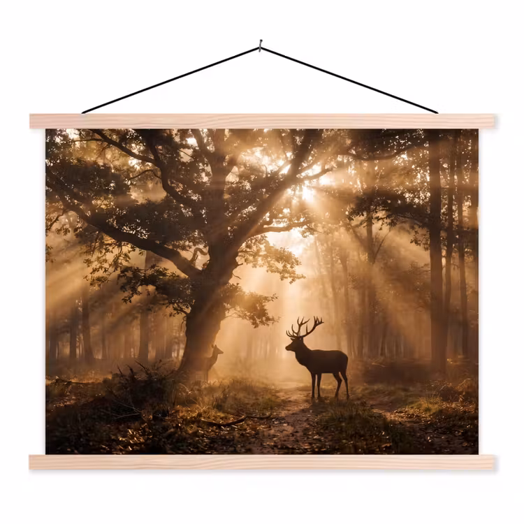 Hert - Bos - Mistig - Natuur - Goud textielposter latten blank klein -3d