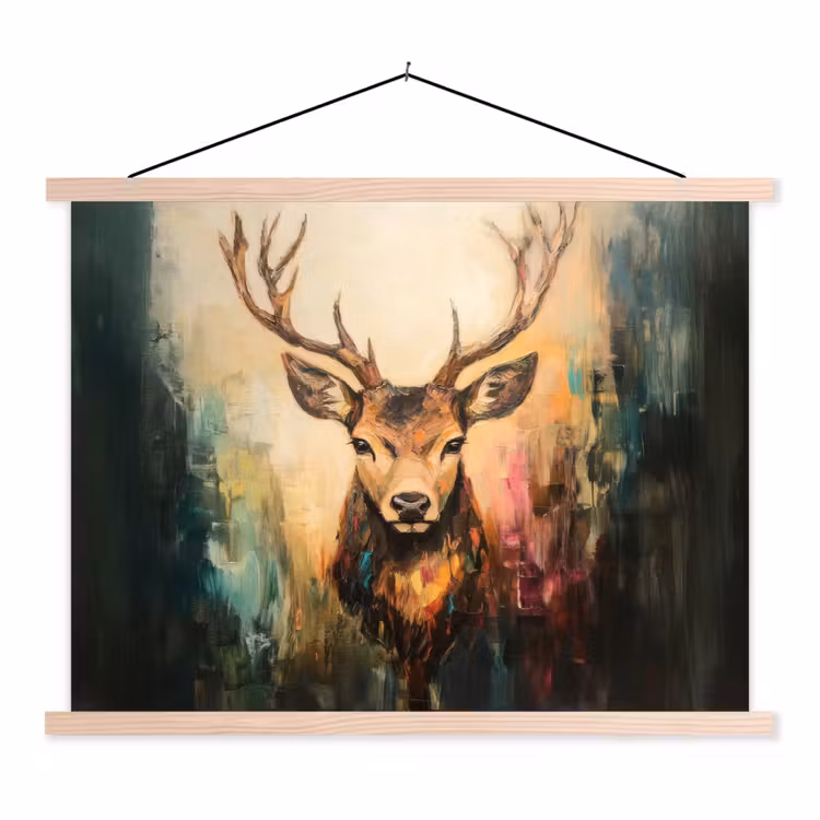 Hert - Geverfd - Gewei - Bruin textielposter latten blank klein -3d