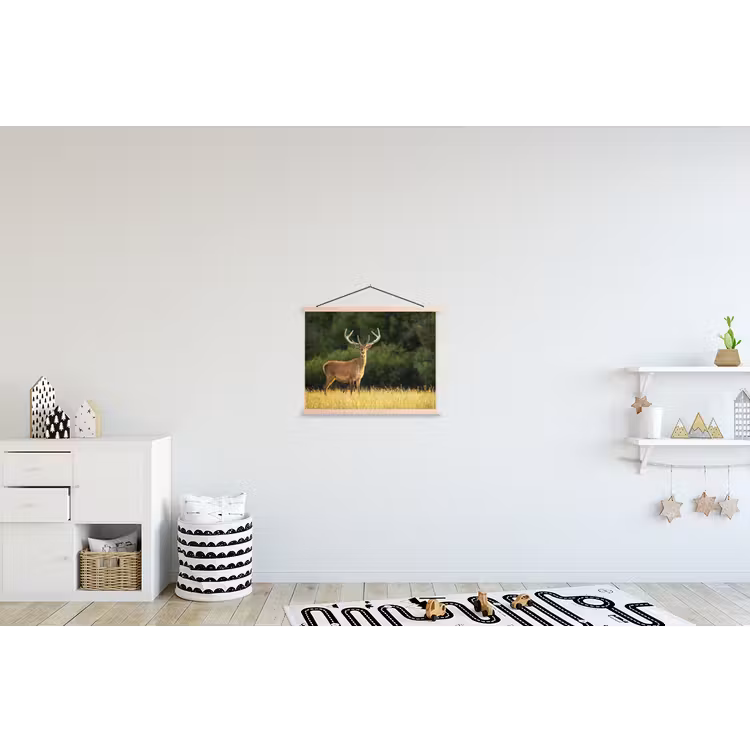 Hert - Gewei - Gras - Natuur - Dieren - Groen textielposter latten blank klein -kinderkamer