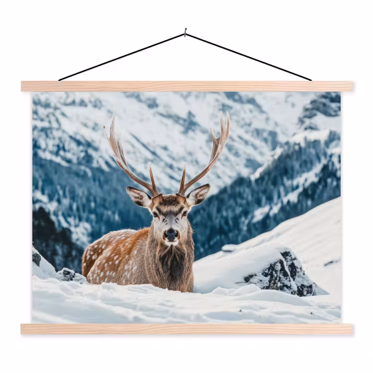 Hert - Landschap - Winter - Natuur - Dieren - Bergen textielposter latten blank klein -3d