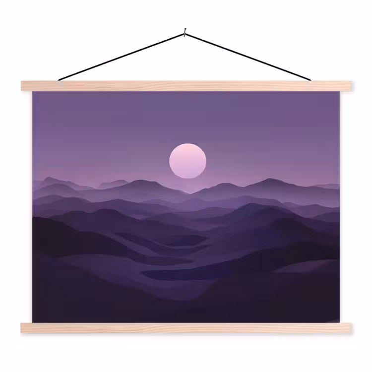 Heuvels - Paars - Mist - Zon textielposter latten blank klein -3d