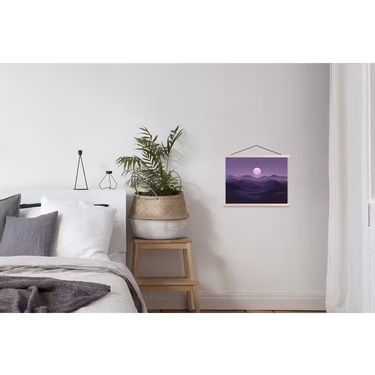 Heuvels - Paars - Mist - Zon textielposter latten blank klein -woonkamer