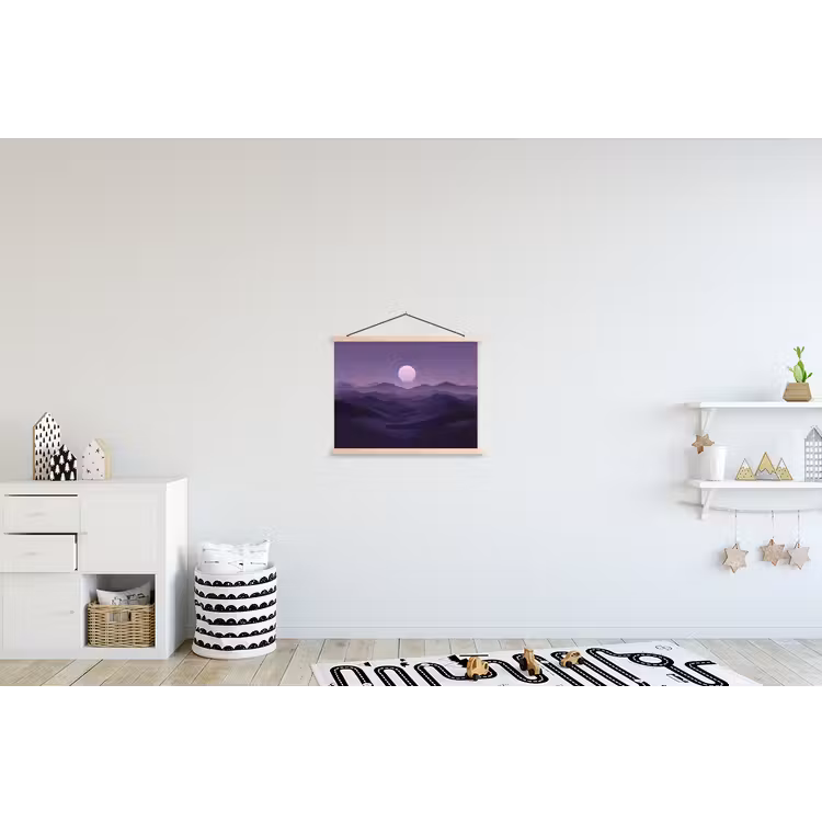 Heuvels - Paars - Mist - Zon textielposter latten blank klein -kinderkamer