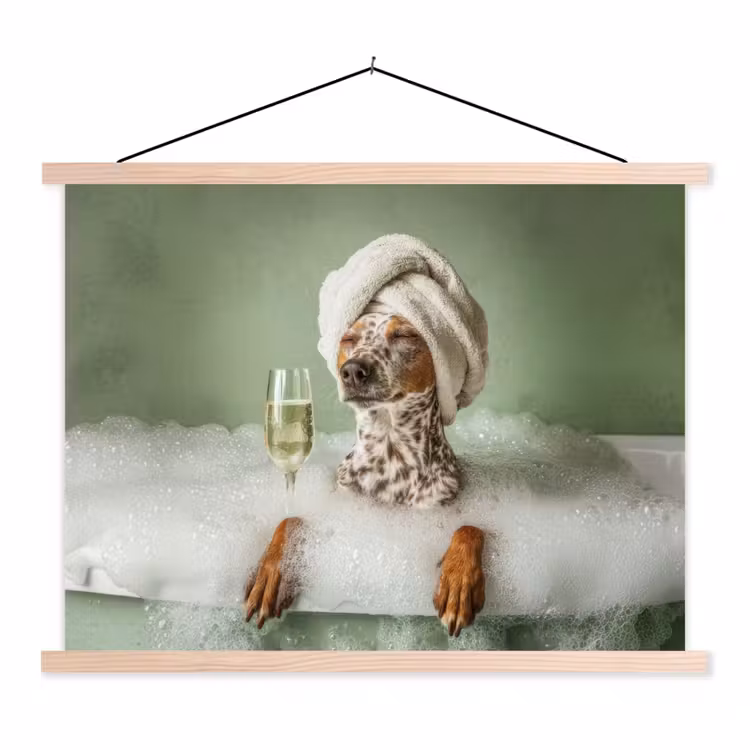 Hond - Bad - Champagne - Handdoek textielposter latten blank klein -3d
