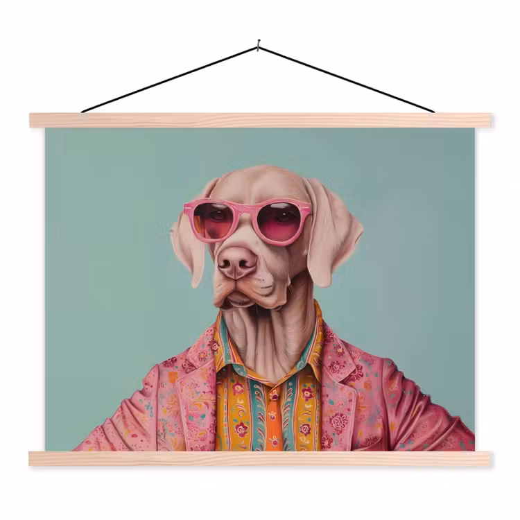 Hond - Overhemd - Bloemen - Bril textielposter latten blank klein -3d