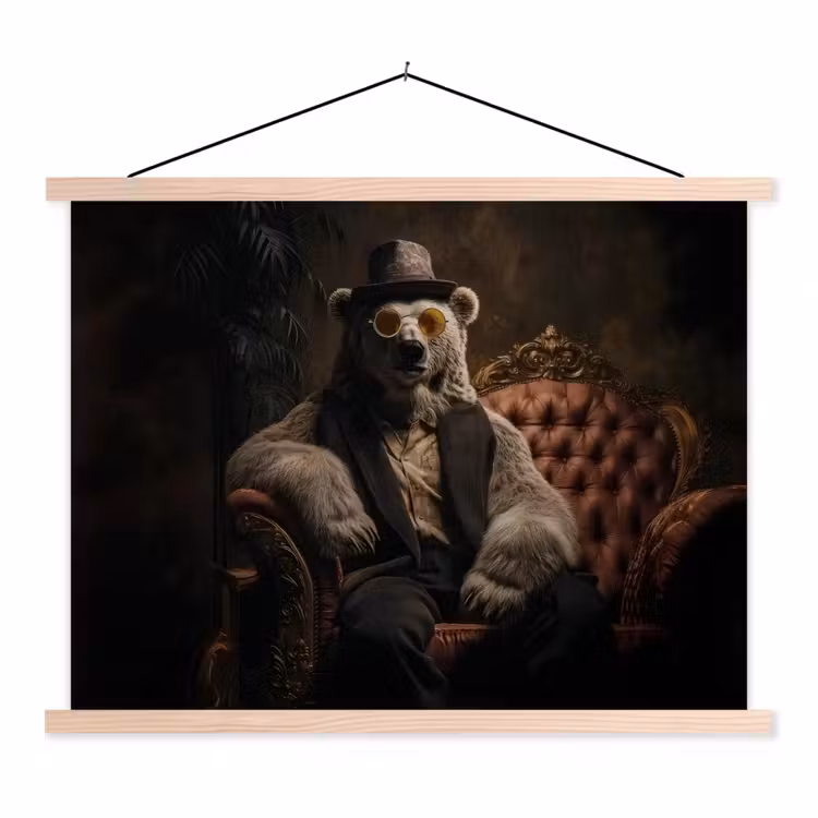 Ijsbeer - Hoed - Bril - Stoel textielposter latten blank klein -3d