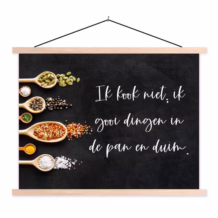 Ik gooi dingen in de pan en duim - Keuken - Quotes - Spreuken - Humor textielposter latten blank klein -3d