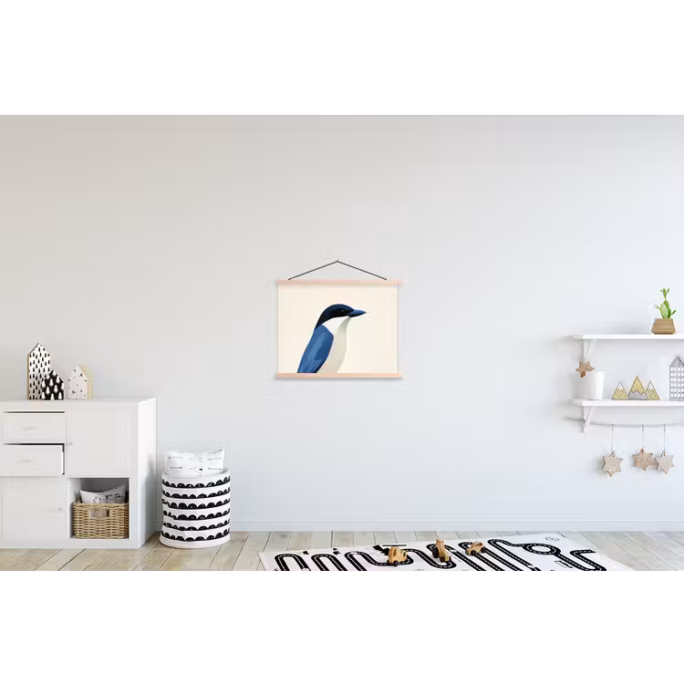 Illustratie - Blauw - Vogel textielposter latten blank klein -kinderkamer