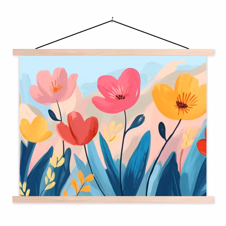 Illustratie - Bloemen - Kleurrijk textielposter latten blank klein -3d