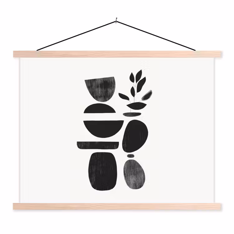 Japandi - Zwart - Abstract textielposter latten blank klein -3d