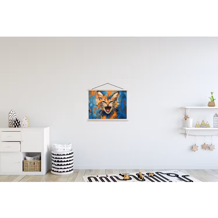 Kat - Kleurrijk - Oranje - Blauw textielposter latten blank klein -kinderkamer