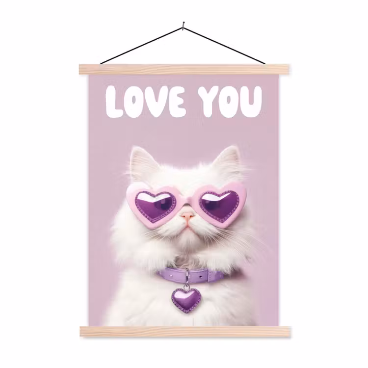 Kat - Love - Paars - Valentijn textielposter latten blank klein -3d