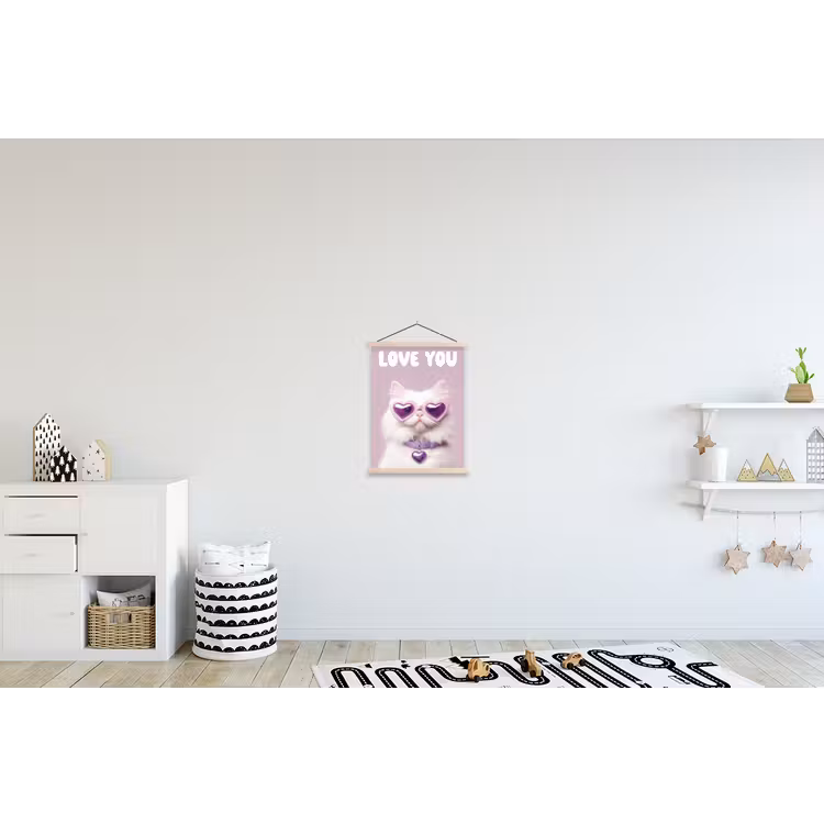 Kat - Love - Paars - Valentijn textielposter latten blank klein -kinderkamer
