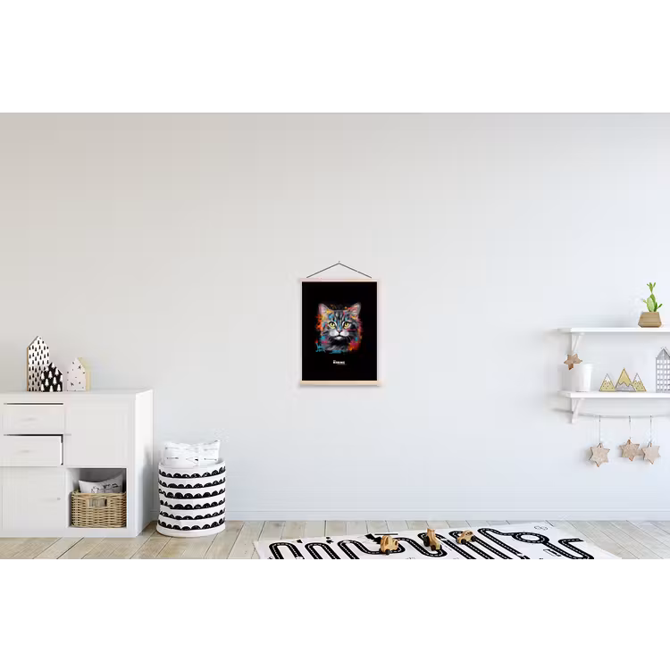 Kat met kleurrijke penseelstreken textielposter latten blank klein -kinderkamer