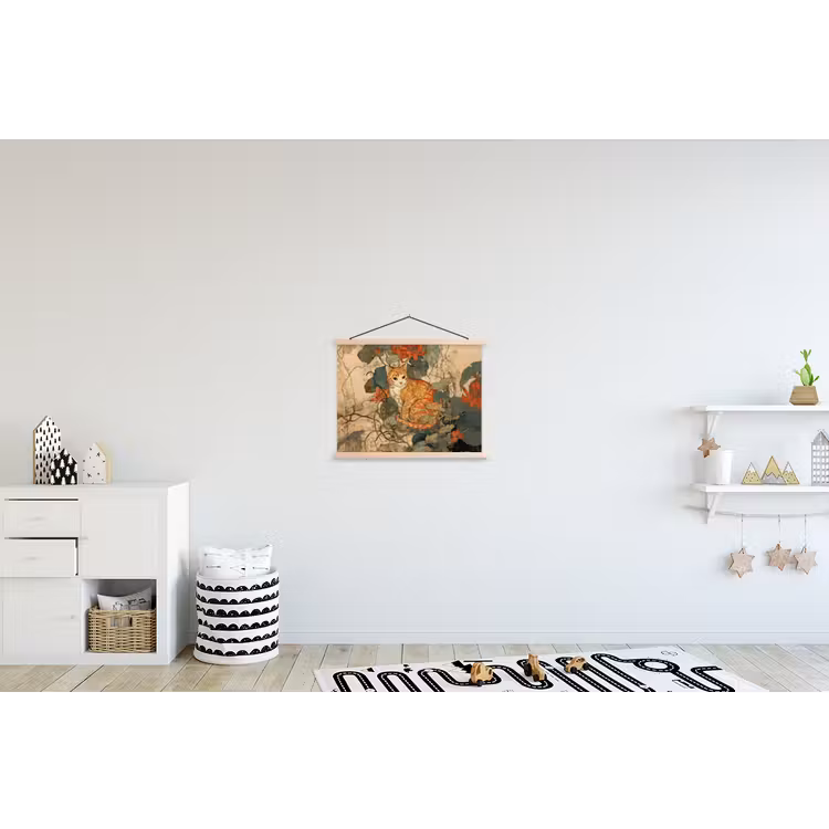 Kat - Sierlijk - Bloemen textielposter latten blank klein -kinderkamer