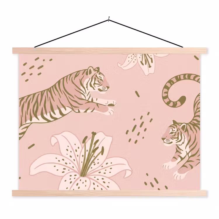 Kat - Springend - Bloemen - Abstract - Roze textielposter latten blank klein -3d