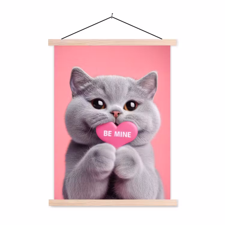 Kat - Valentijn - Roze - Liefde textielposter latten blank klein -3d