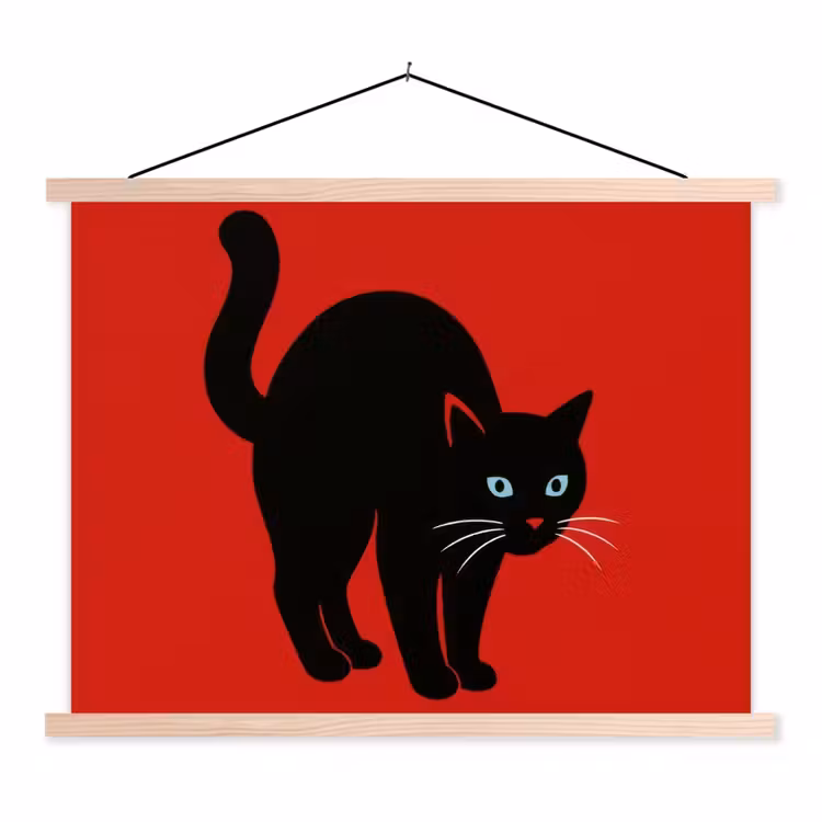 Kat - Zwart - Staart textielposter latten blank klein -3d