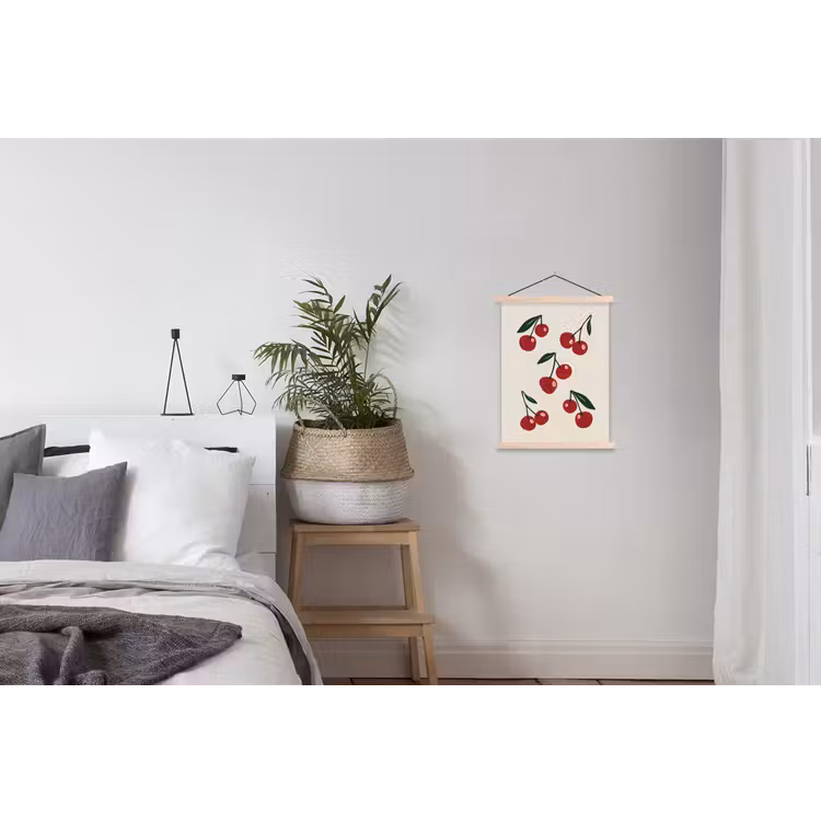 Kersen - Blaadjes - Rood textielposter latten blank klein -woonkamer