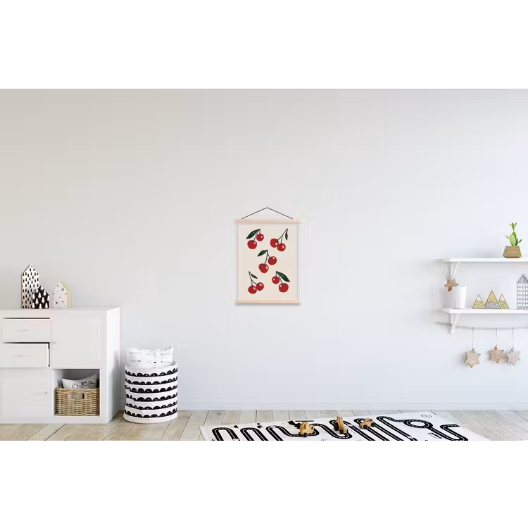 Kersen - Blaadjes - Rood textielposter latten blank klein -kinderkamer