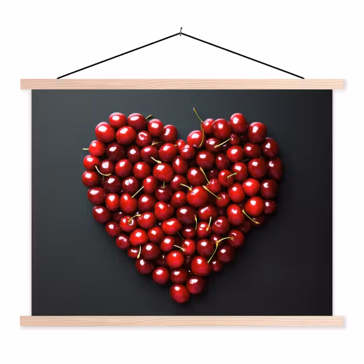 Kersen - Hart - Rood - Zwart textielposter latten blank klein -3d