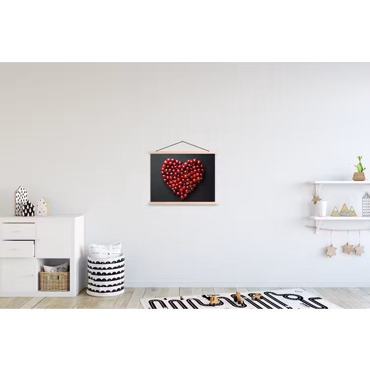 Kersen - Hart - Rood - Zwart textielposter latten blank klein -kinderkamer