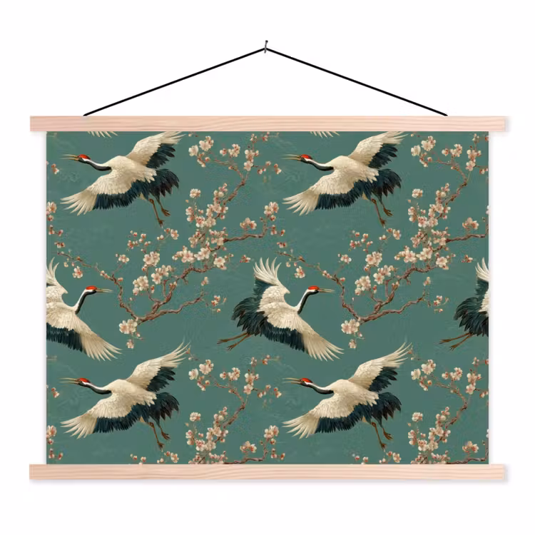 Kersenbloesem - Kraamvogels - Groen textielposter latten blank klein 122 -3d