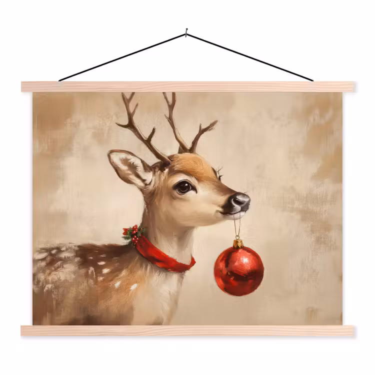 Kerst - Hert - Gewei - Kerstbal - Rendier textielposter latten blank klein -3d