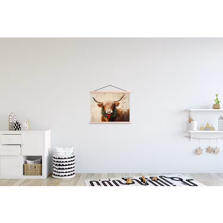 Kerst - Schotse Hooglander - Bruin - Krans textielposter latten blank klein -kinderkamer
