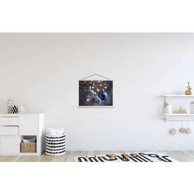 Kerstbal - Versierd - Blauw textielposter latten blank klein -kinderkamer