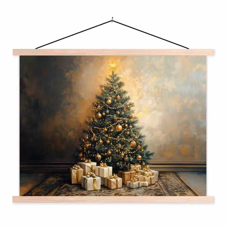 Kerstboom - Cadeaus - Goud textielposter latten blank klein -3d