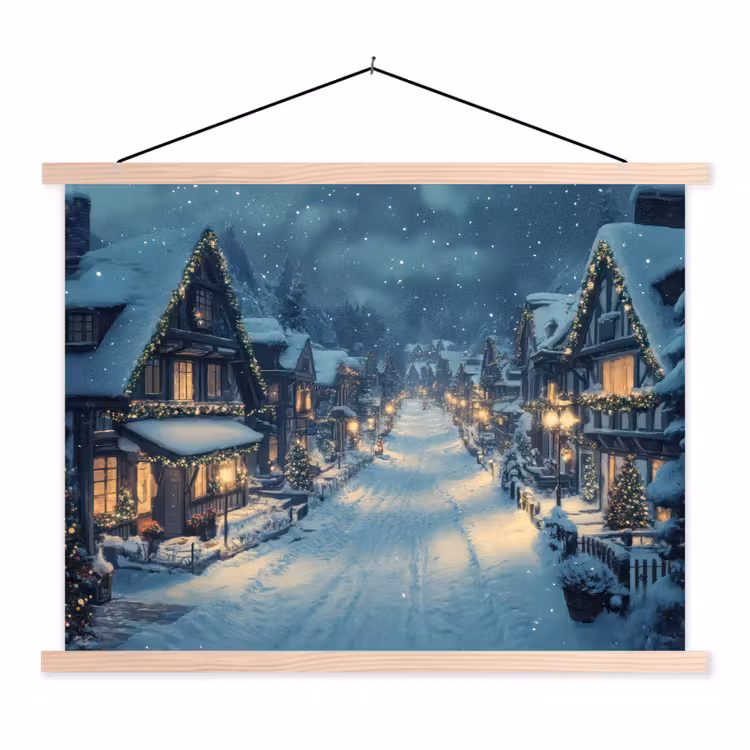 Kerstdorp - Kerst - Sneeuw - Winter textielposter latten blank klein -3d